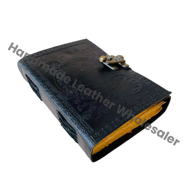 Handmade Black Leather Journal Embossed Dragon Design Vintage Writing Notebook Blank Sketchbook Gift for Men Women with Lock