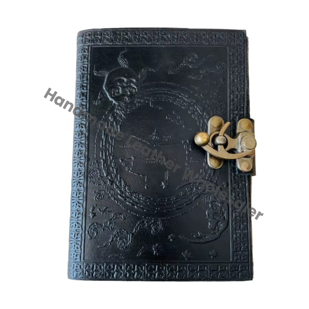 Handmade Black Leather Journal Embossed Dragon Design Vintage Writing Notebook Blank Sketchbook Gift for Men Women with Lock