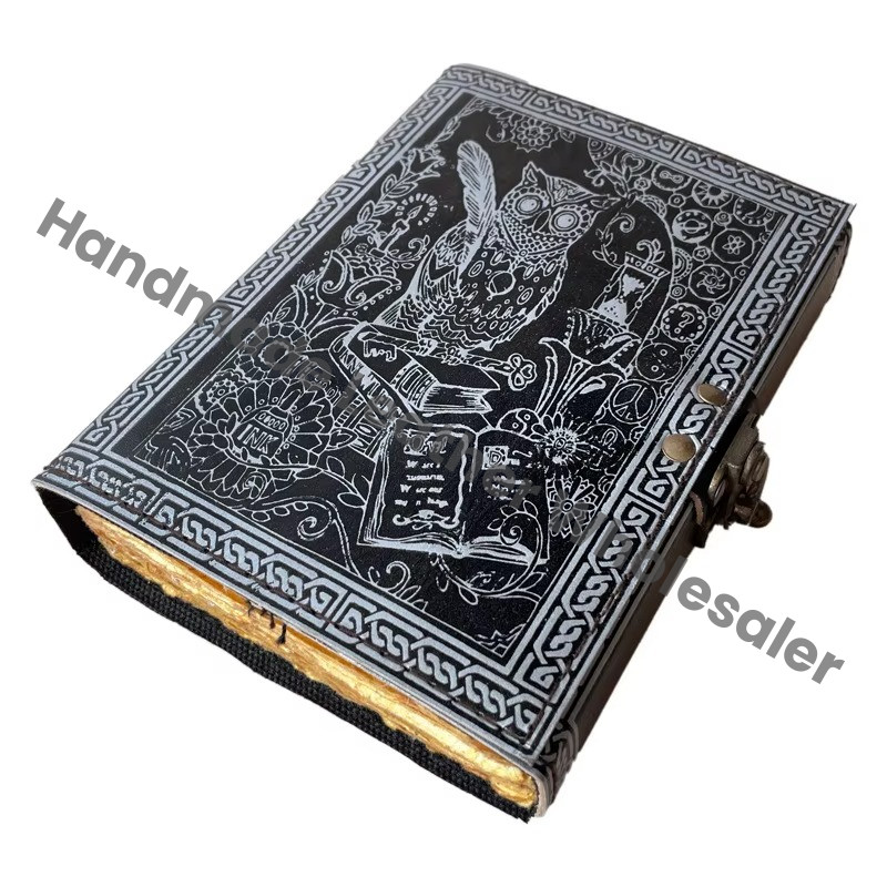 Handmade Black Silver Leather Hardcover Journal Custom Logo Recyclable Paper Thermal Binding Travel Planner Office