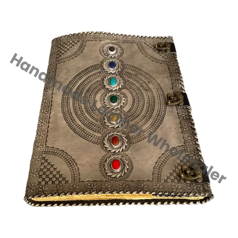 Handmade Book of Shadows Antique Deckle Paper Extra Large 7 Chakra Stone Wiccan Notebook & Sketchbook Leather Journal
