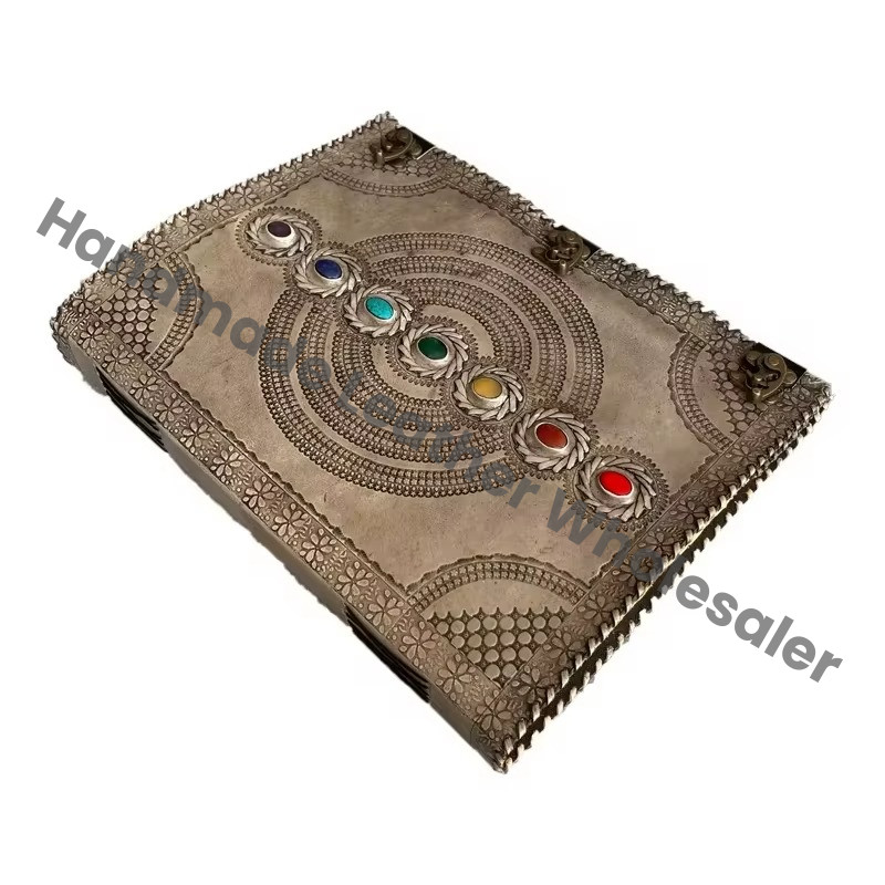 Handmade Book of Shadows Antique Deckle Paper Extra Large 7 Chakra Stone Wiccan Notebook & Sketchbook Leather Journal