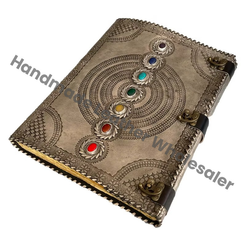 Handmade Book of Shadows Antique Deckle Paper Extra Large 7 Chakra Stone Wiccan Notebook & Sketchbook Leather Journal