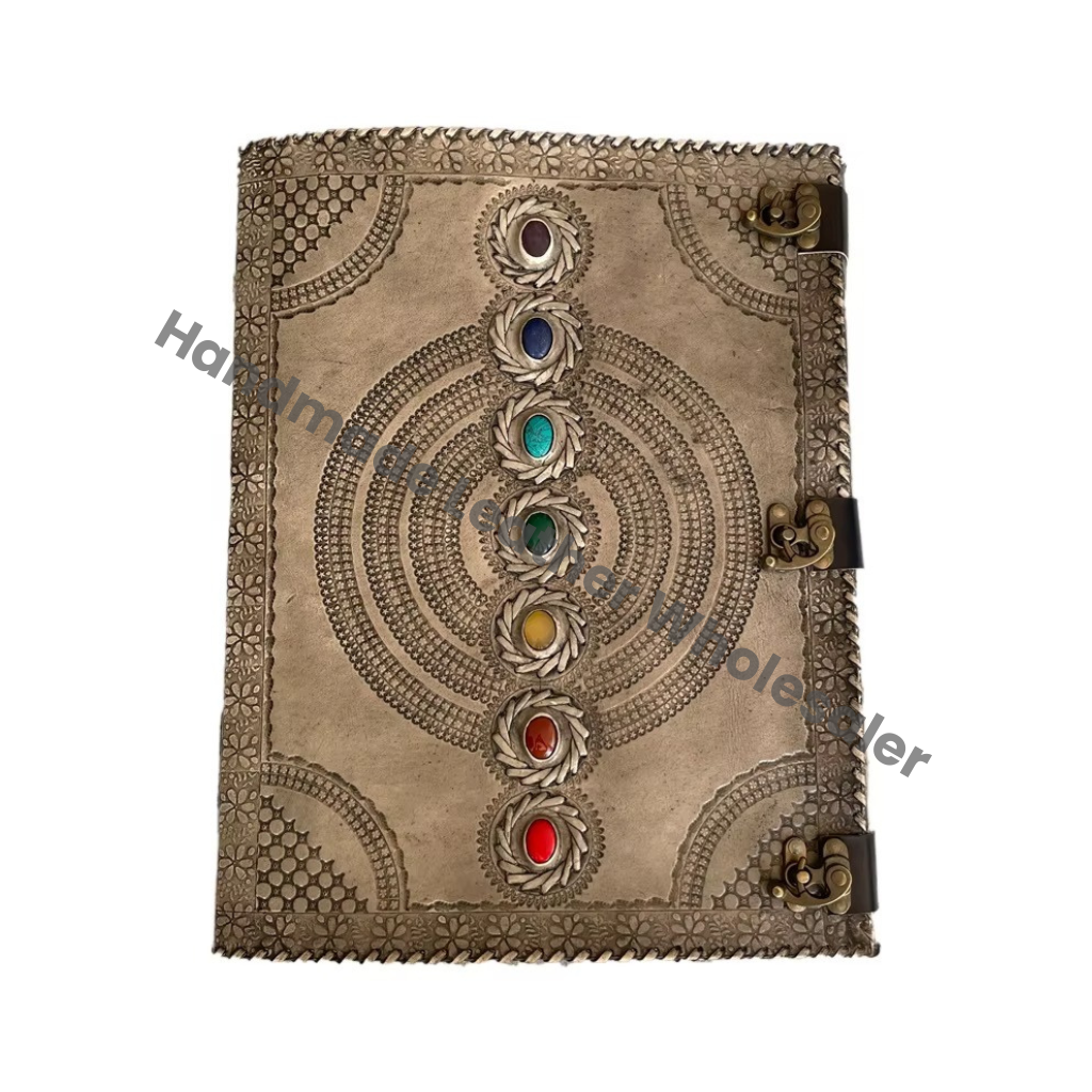 Handmade Book of Shadows Antique Deckle Paper Extra Large 7 Chakra Stone Wiccan Notebook & Sketchbook Leather Journal