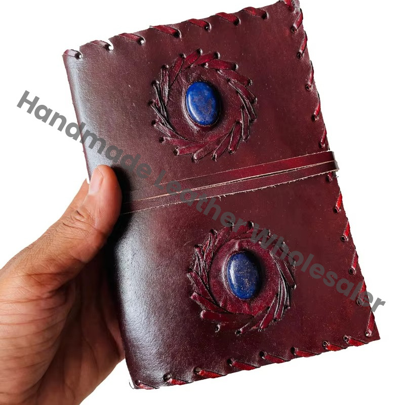 Handmade Brown Leather Loose-Leaf Gift Journal Notebook 2 Stone Vintage Clasp Embossed Cover Deckle Edge Paper Travel Diary