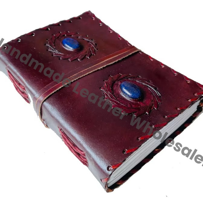 Handmade Brown Leather Loose-Leaf Gift Journal Notebook 2 Stone Vintage Clasp Embossed Cover Deckle Edge Paper Travel Diary