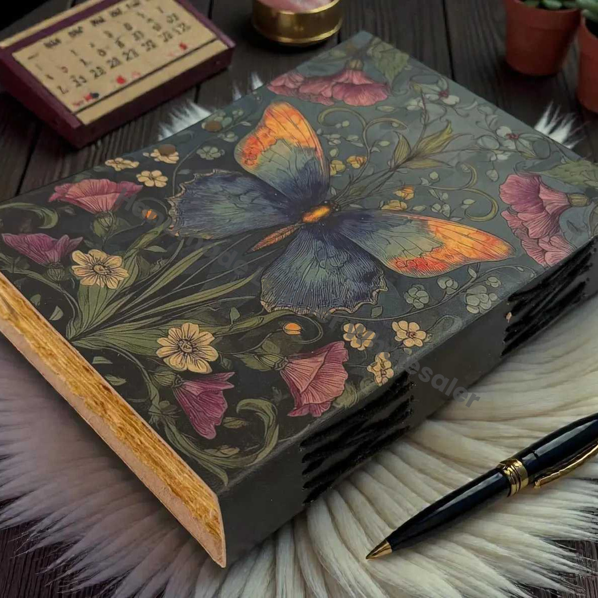 Handmade Butterfly Flower Moth Leather Grimoire journal - VIntage Blank Spell Book of Shadows - Antique Closure