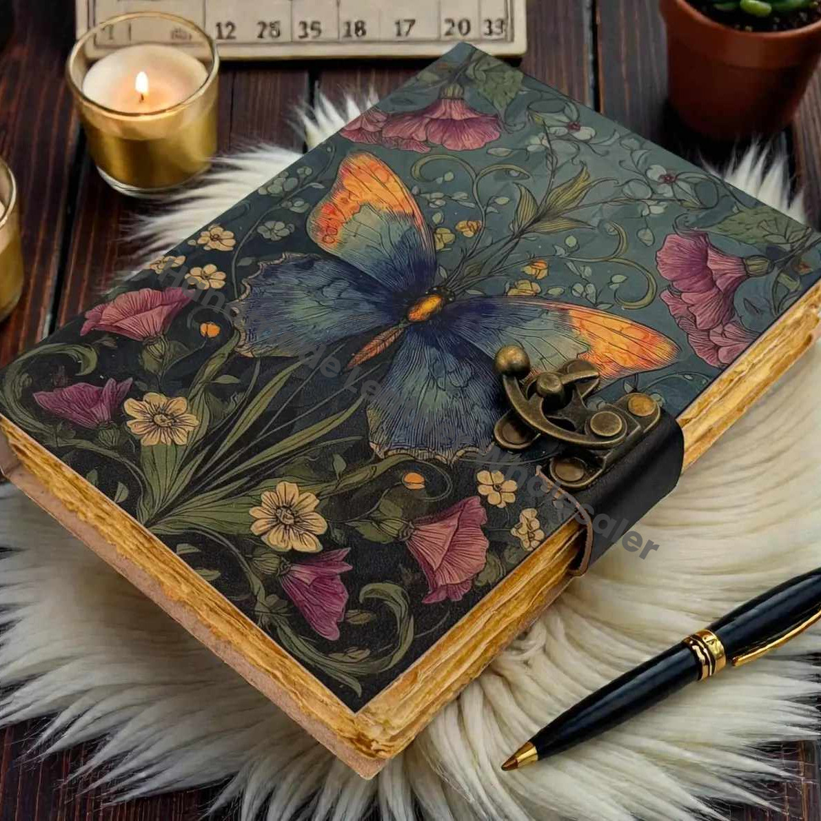 Handmade Butterfly Flower Moth Leather Grimoire journal - VIntage Blank Spell Book of Shadows - Antique Closure