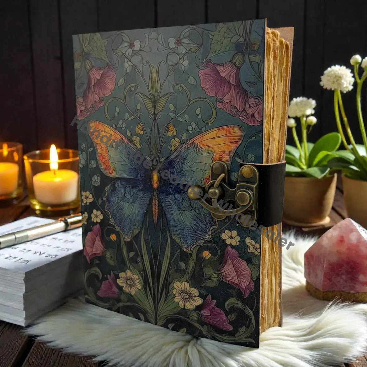 Handmade Butterfly Flower Moth Leather Grimoire journal - VIntage Blank Spell Book of Shadows - Antique Closure