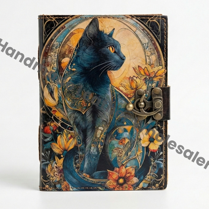 Handmade Celestial Flower Magic Cat Leather Pagan journal - Blank Spell Book of shadows -Witchcraft Goth Diary
