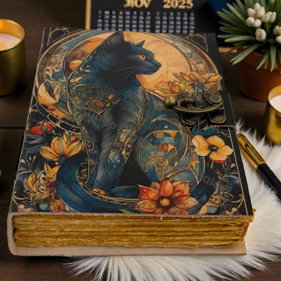 Handmade Celestial Flower Magic Cat Leather Pagan journal - Blank Spell Book of shadows -Witchcraft Goth Diary