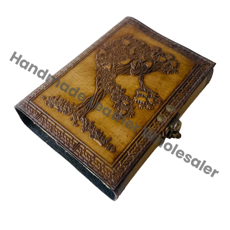 Handmade Charcoal Hardcover Leather Journal Tree Life Women Deckle Paper Recyclable Embossed Bound Writing Notebook