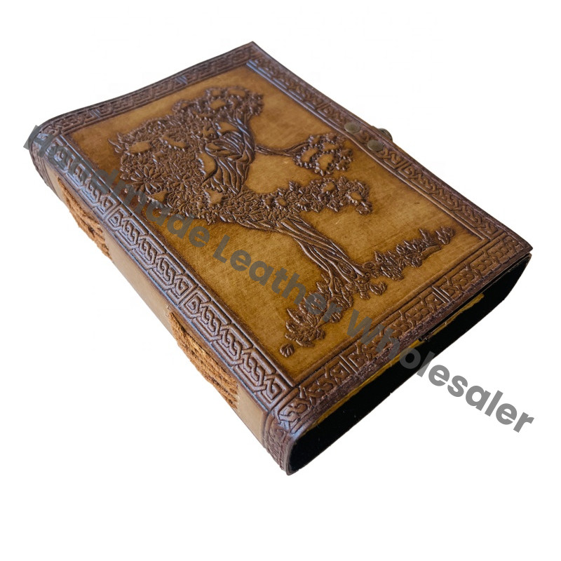 Handmade Charcoal Hardcover Leather Journal Tree Life Women Deckle Paper Recyclable Embossed Bound Writing Notebook