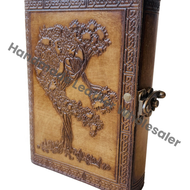 Handmade Charcoal Hardcover Leather Journal Tree Life Women Deckle Paper Recyclable Embossed Bound Writing Notebook