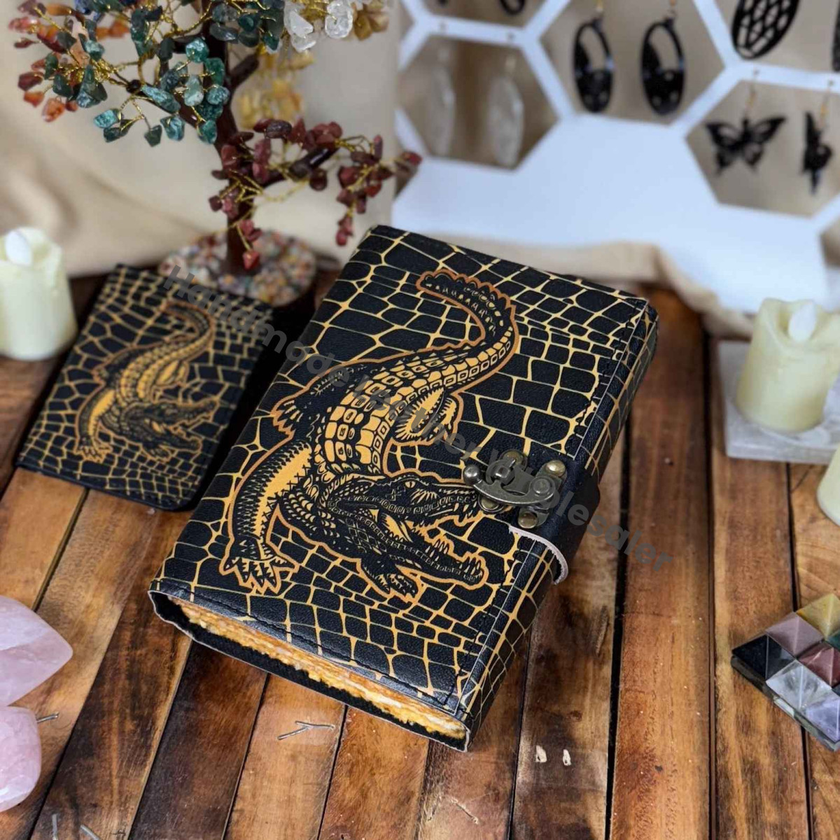 Handmade Crocodile Leather Grimoire: Vintage Spell Book of Shadows