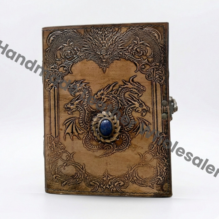 Handmade Dragon Embossed Leather Journal | Gemstone Grimoire Notebook