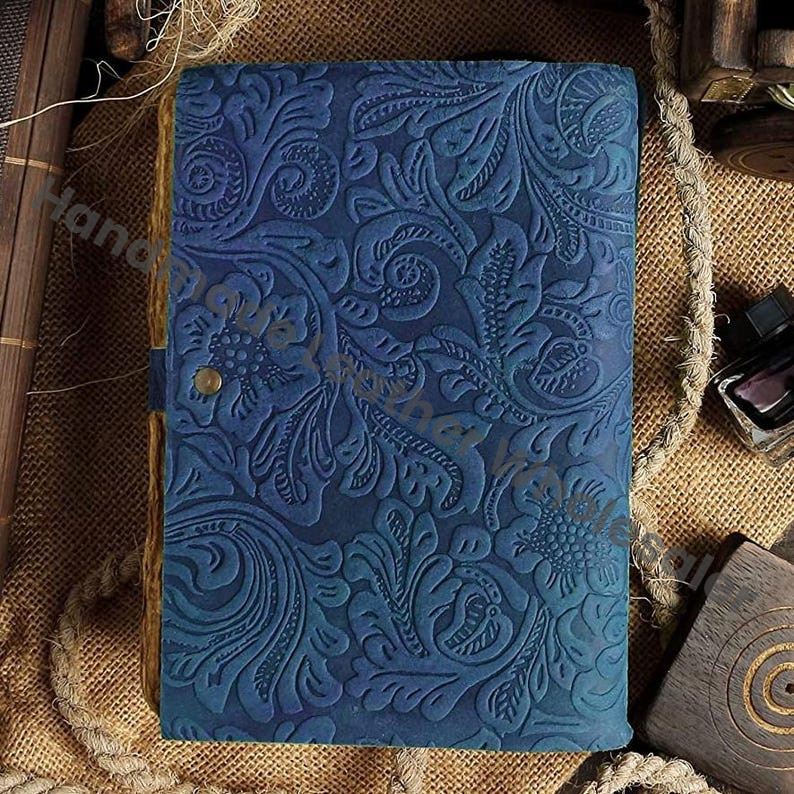 Handmade Embossed Blue Leather Journal • Deckle Edge Paper