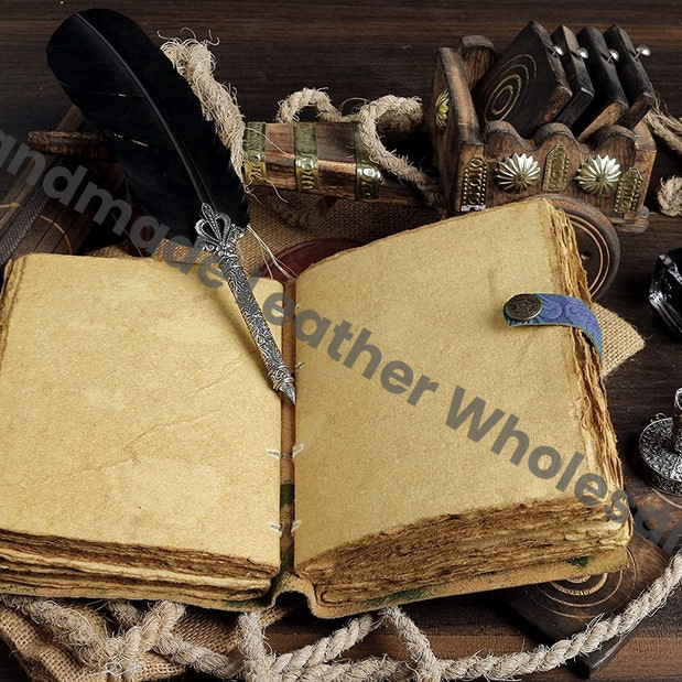 Handmade Embossed Blue Leather Journal • Deckle Edge Paper