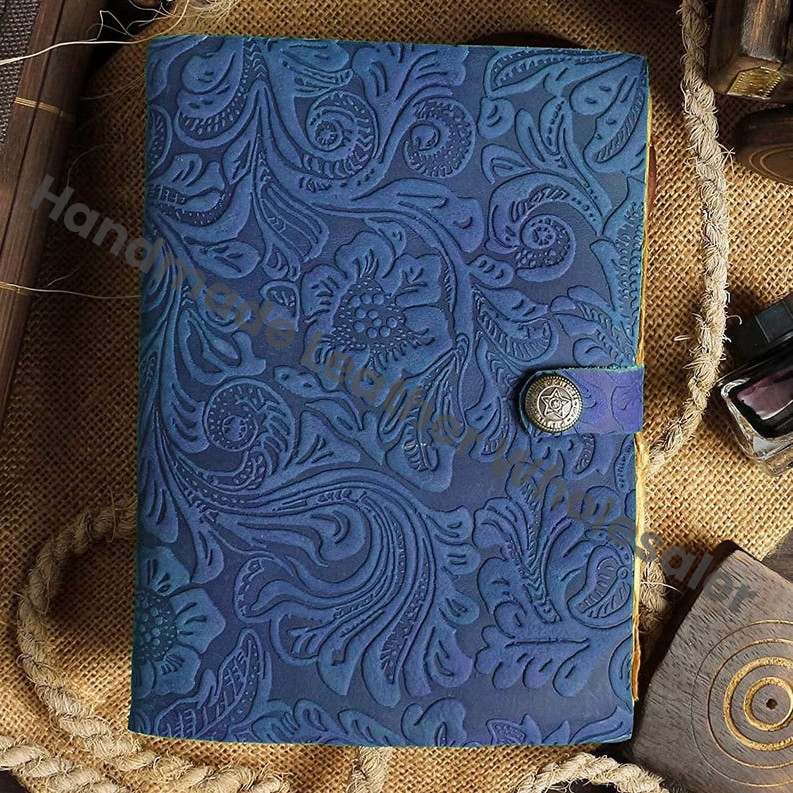 Handmade Embossed Blue Leather Journal • Deckle Edge Paper
