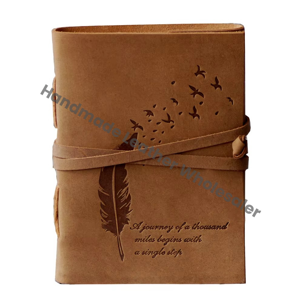 Handmade Embossed Feather with Antique Design Leather Notebook & Sketchbook Journal Eco-friendly Pencil Paper Gift