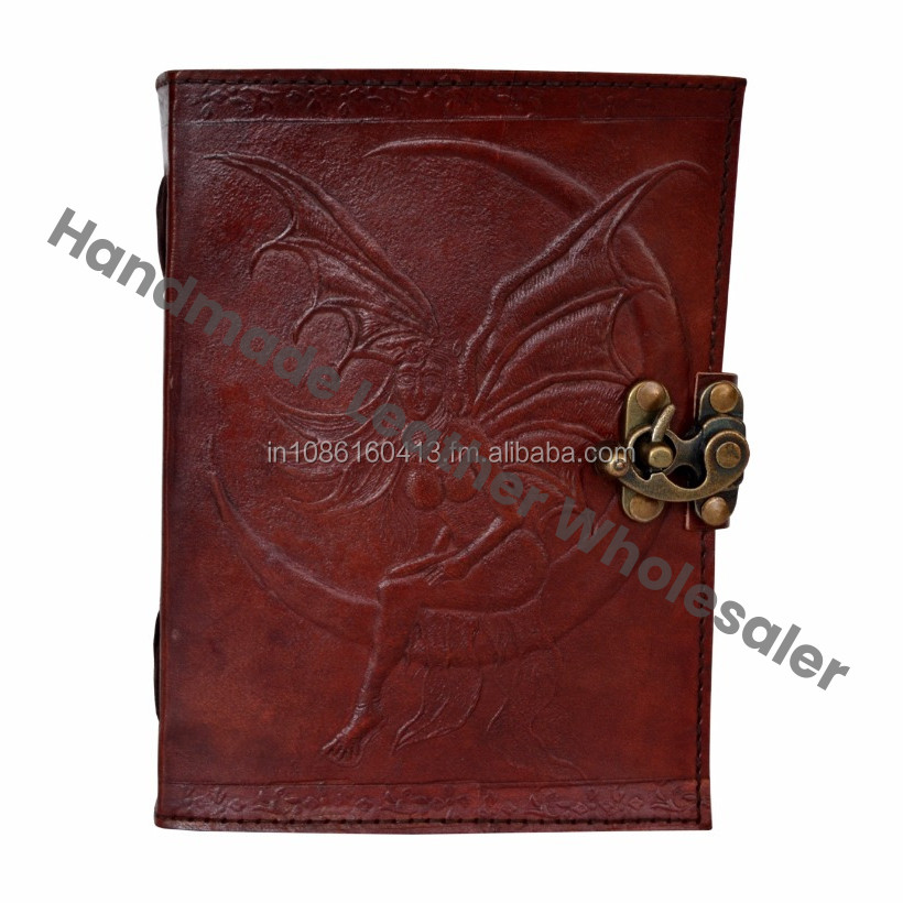 HANDMADE EMBOSSED LEATHER JOURNAL FAIRY MOON BOOK SHADOWS LATCH SPELLS PENTACLE WICCA CELTIC COTTON PAPER GIFT