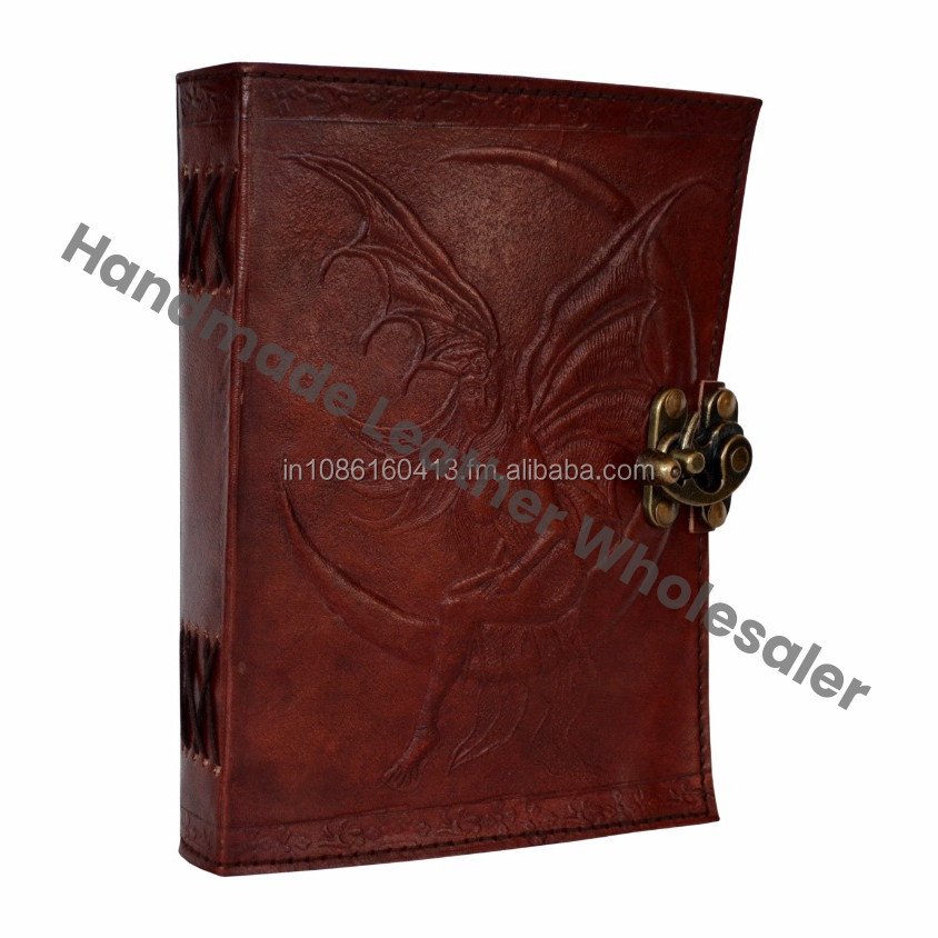 HANDMADE EMBOSSED LEATHER JOURNAL FAIRY MOON BOOK SHADOWS LATCH SPELLS PENTACLE WICCA CELTIC COTTON PAPER GIFT
