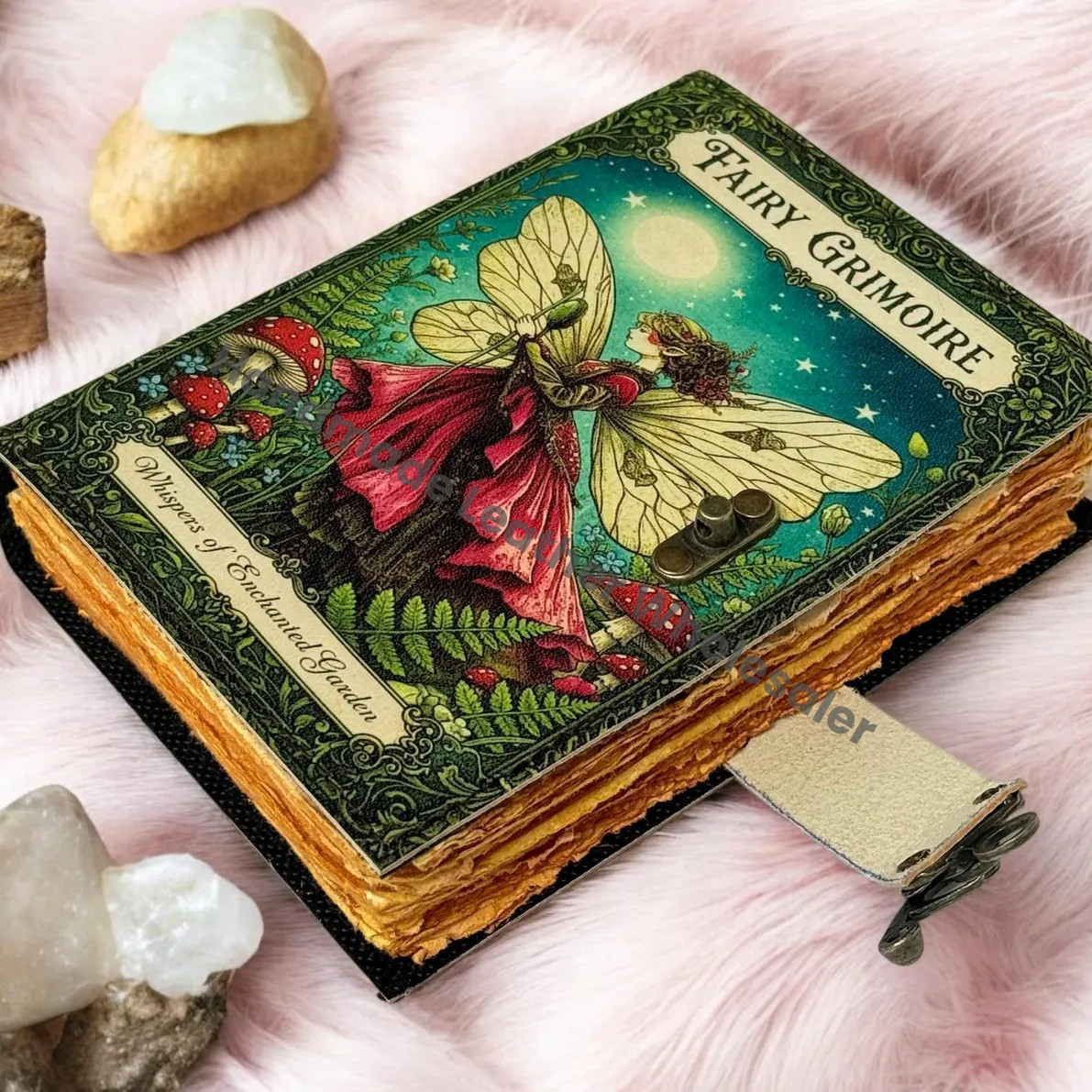 Handmade Fairy Leather Grimoire – Book of Shadows with Lock, Witchcraft Journal, Spell Book, Wiccan Notebook