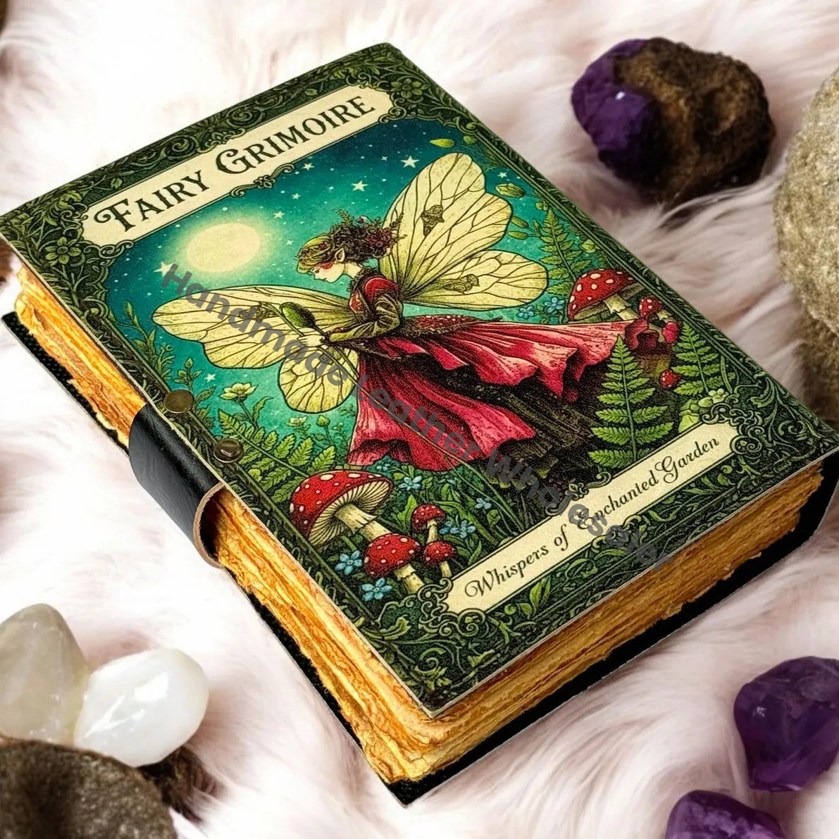 Handmade Fairy Leather Grimoire – Book of Shadows with Lock, Witchcraft Journal, Spell Book, Wiccan Notebook