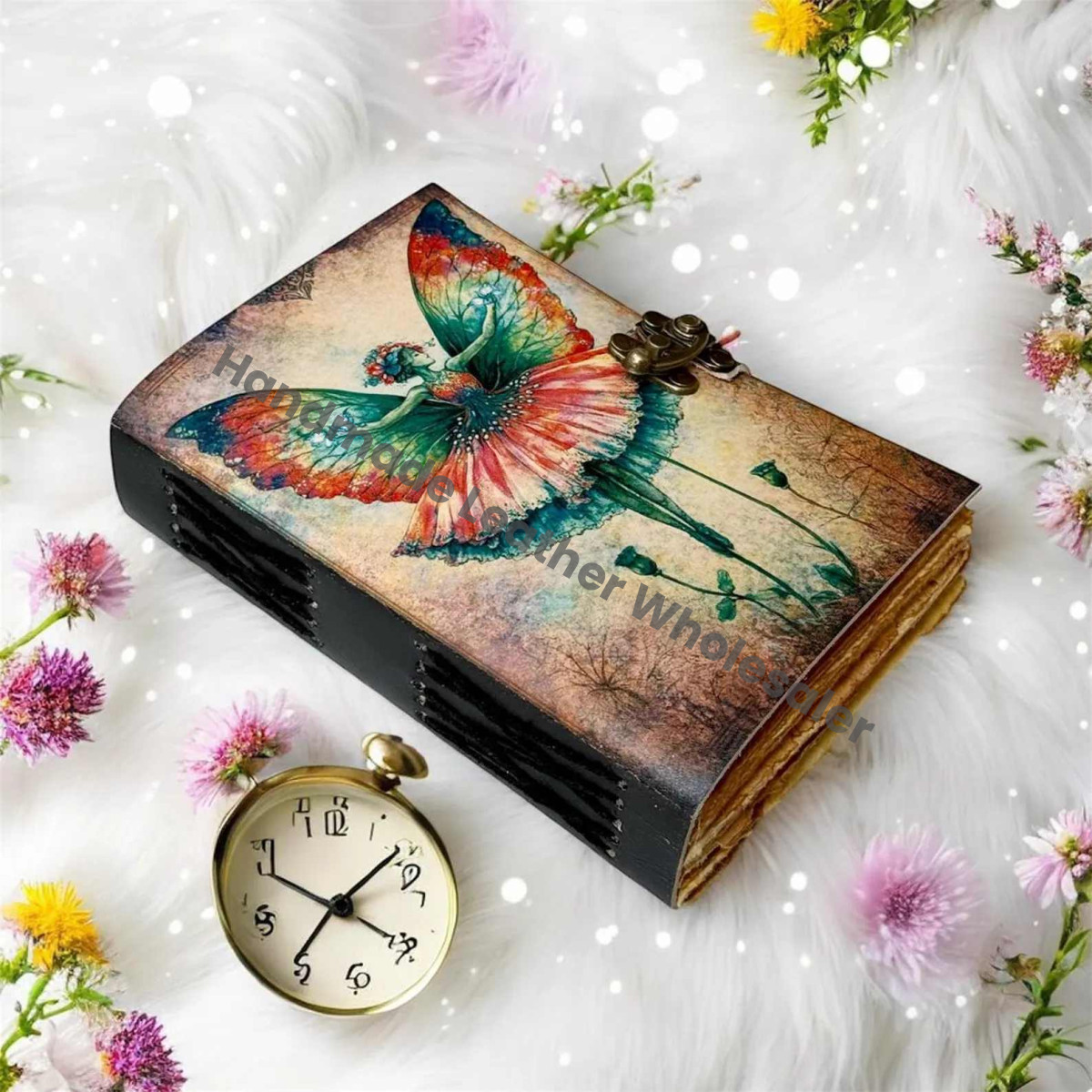 Handmade Fairy Leather Grimoire – Book of Shadows with Lock, Witchcraft Journal, Spell Book, Wiccan Notebook, Pagan Diary Magic Journal