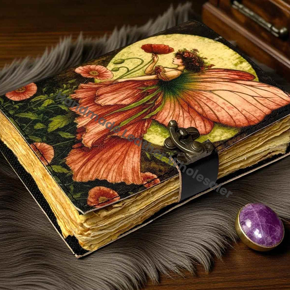 Handmade Fairy Leather Grimoire – Book of Shadows with Lock, Witchcraft Journal, Spell Book, Wiccan Notebook, Pagan Diary Magic Journal Gift