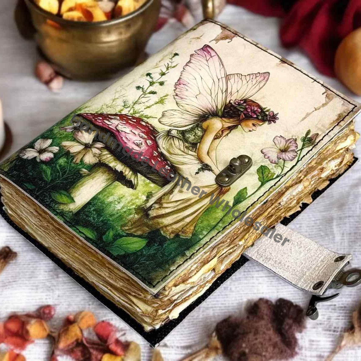 Handmade Fairy Leather Grimoire – Book of Shadows with Lock, Witchcraft Journal, Spell Book, Wiccan Notebook, Pagan Diary Magic Journal