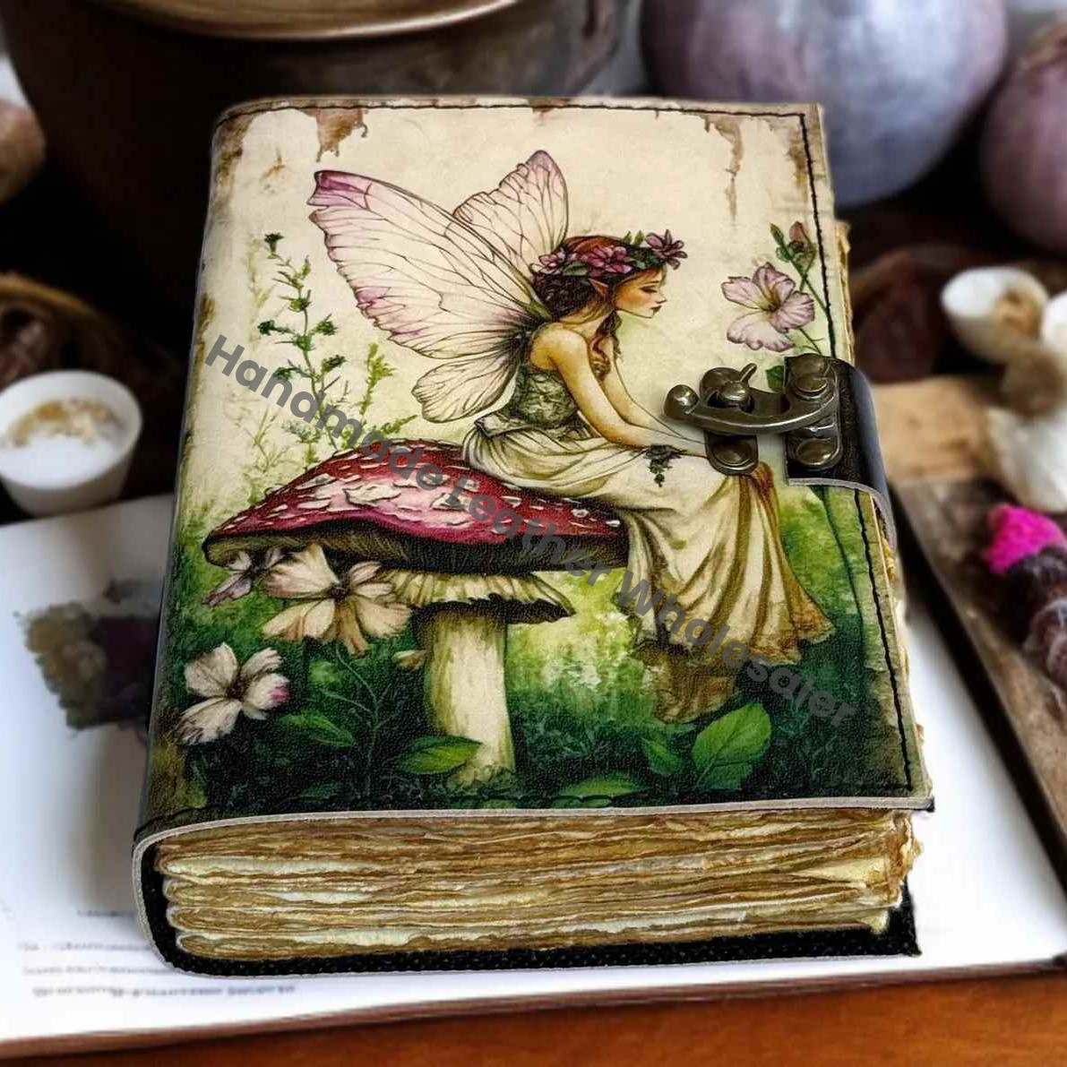 Handmade Fairy Leather Grimoire – Book of Shadows with Lock, Witchcraft Journal, Spell Book, Wiccan Notebook, Pagan Diary Magic Journal
