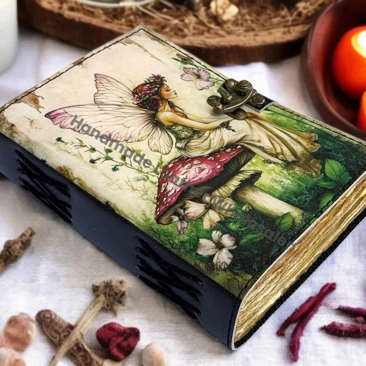 Handmade Fairy Leather Grimoire – Book of Shadows with Lock, Witchcraft Journal, Spell Book, Wiccan Notebook, Pagan Diary Magic Journal