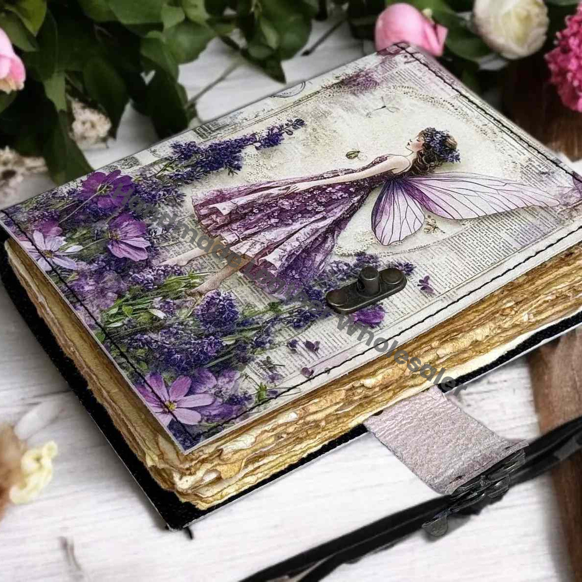 Handmade Fairy Leather Grimoire – Book of Shadows with Lock, Witchcraft Journal, Spell Book, Wiccan Notebook, Pagan Diary