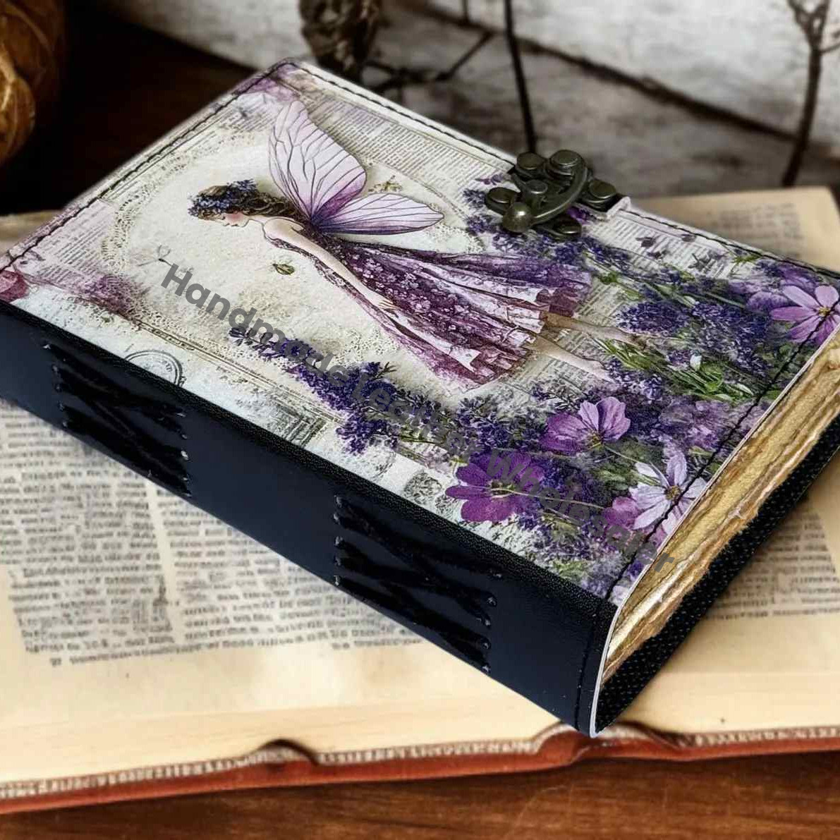 Handmade Fairy Leather Grimoire – Book of Shadows with Lock, Witchcraft Journal, Spell Book, Wiccan Notebook, Pagan Diary
