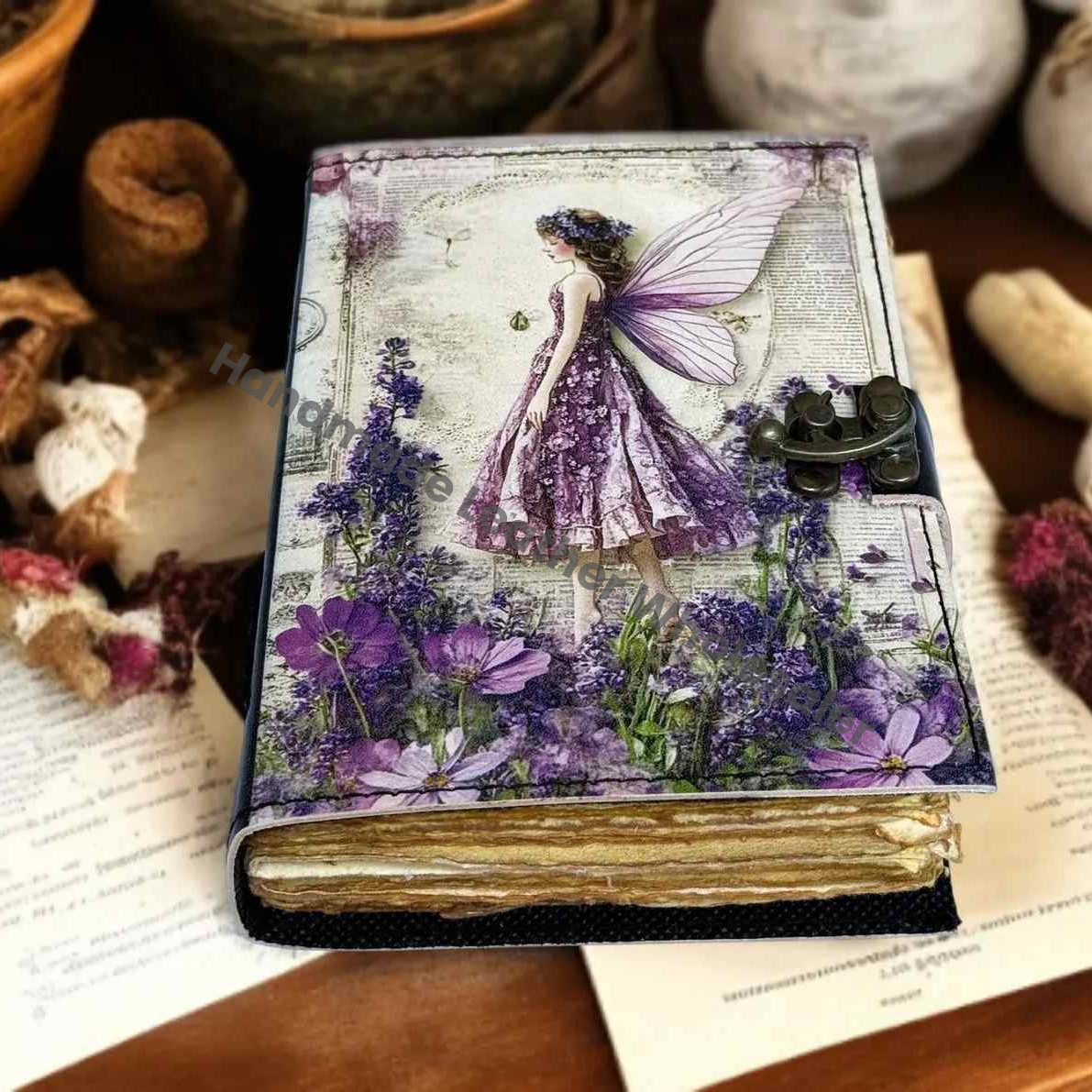 Handmade Fairy Leather Grimoire – Book of Shadows with Lock, Witchcraft Journal, Spell Book, Wiccan Notebook, Pagan Diary