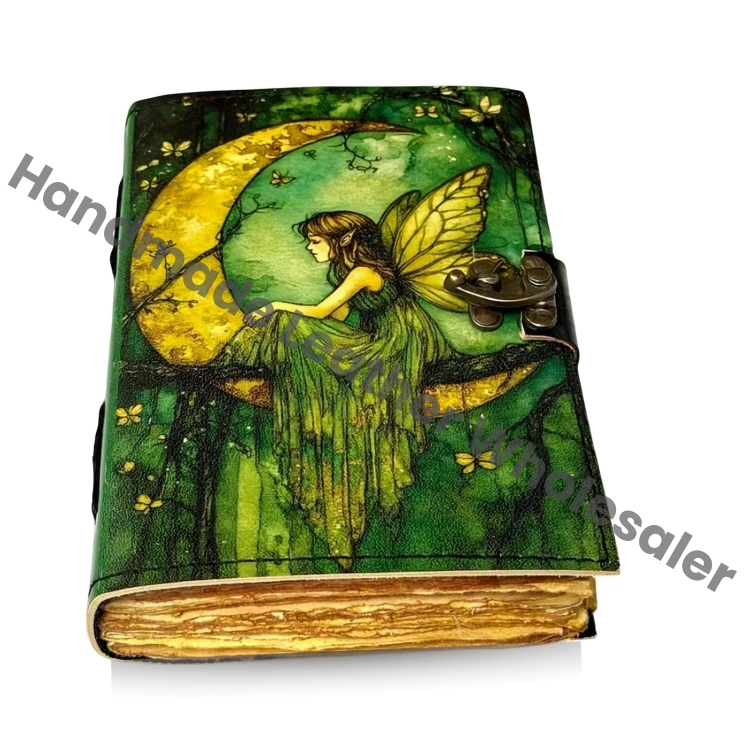 Handmade Fairy Leather Grimoire – Book of Shadows with Lock, Witchcraft Journal, Spell Book, Wiccan Notebook