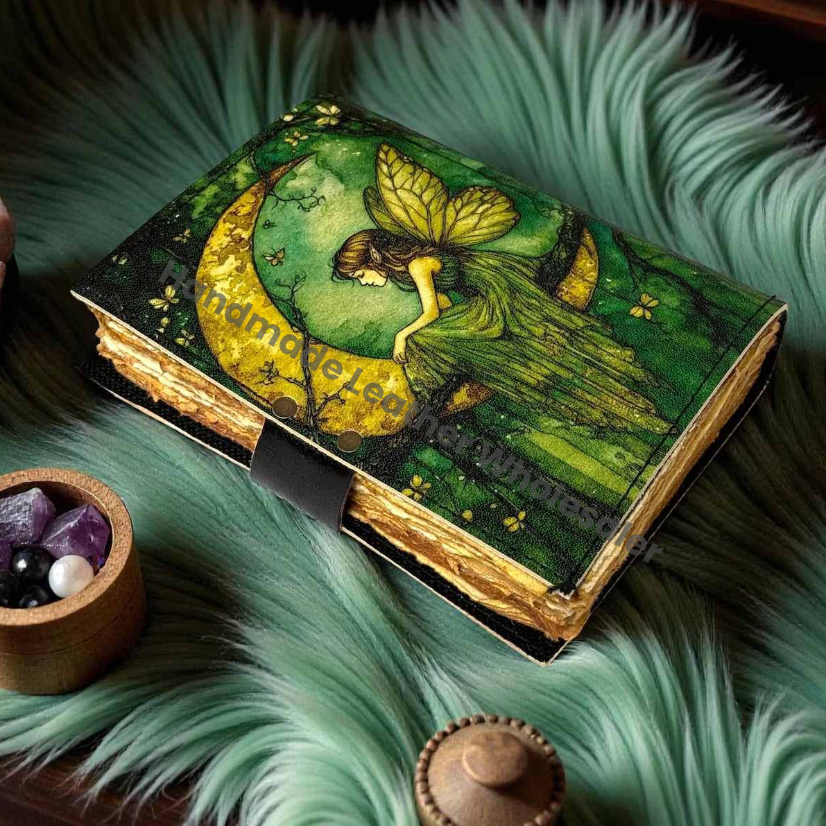 Handmade Fairy Leather Grimoire – Book of Shadows with Lock, Witchcraft Journal, Spell Book, Wiccan Notebook