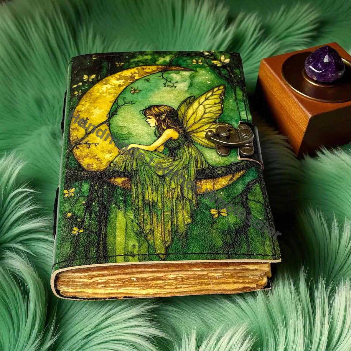 Handmade Fairy Leather Grimoire – Book of Shadows with Lock, Witchcraft Journal, Spell Book, Wiccan Notebook