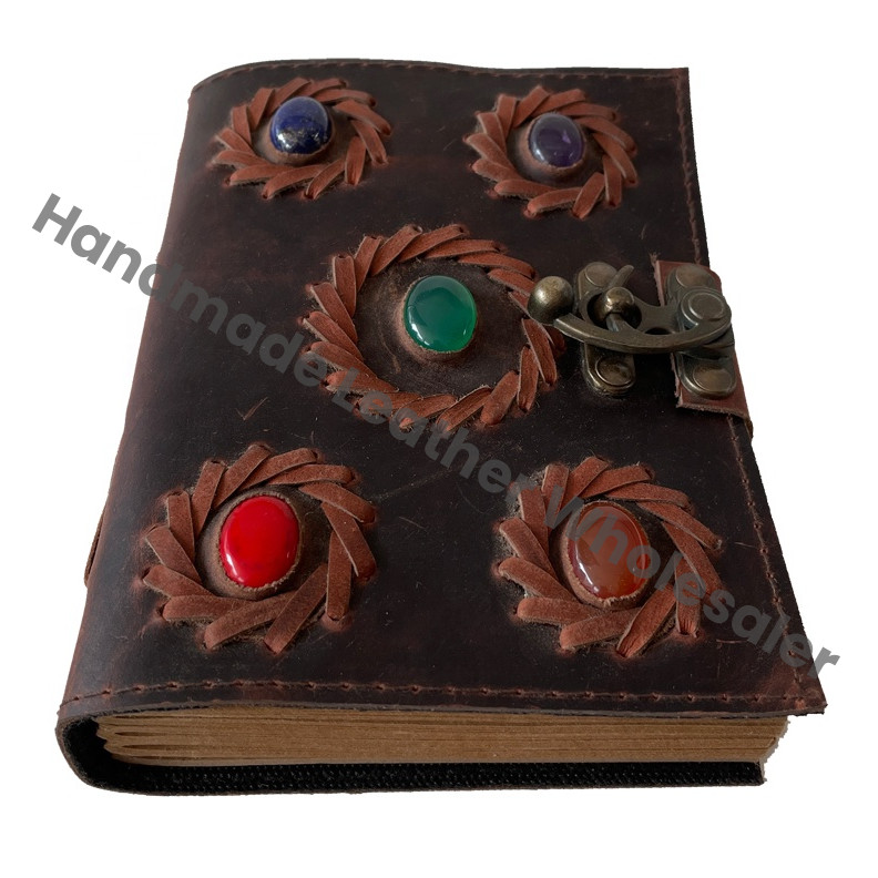 Handmade Five Stone Soft Leather Loose-Leaf Journal Vintage Genuine Brown Design Notebook Travel Diary Gift Women Custom Logo