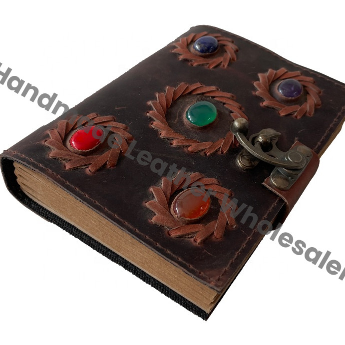 Handmade Five Stone Soft Leather Loose-Leaf Journal Vintage Genuine Brown Design Notebook Travel Diary Gift Women Custom Logo