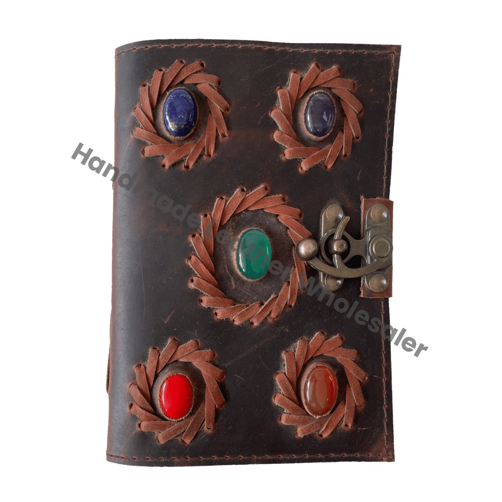 Handmade Five Stone Soft Leather Loose-Leaf Journal Vintage Genuine Brown Design Notebook Travel Diary Gift Women Custom Logo