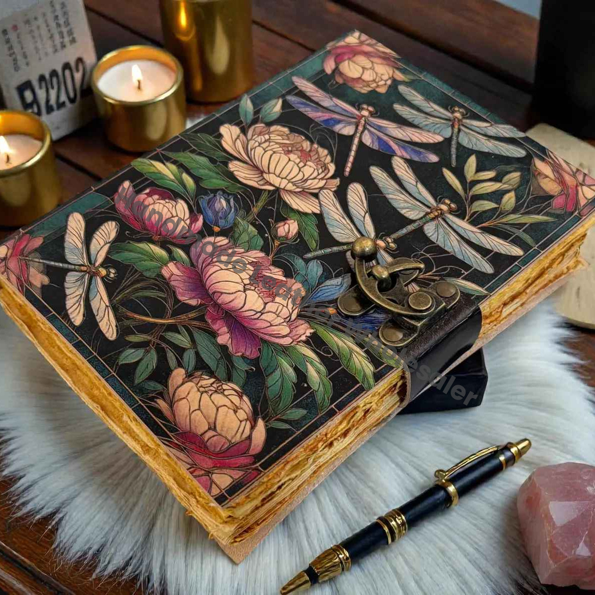 Handmade Floral Luna Moth Leather Celestial journal - VIntage Blank Spell Book of Shadows - Antique Closure