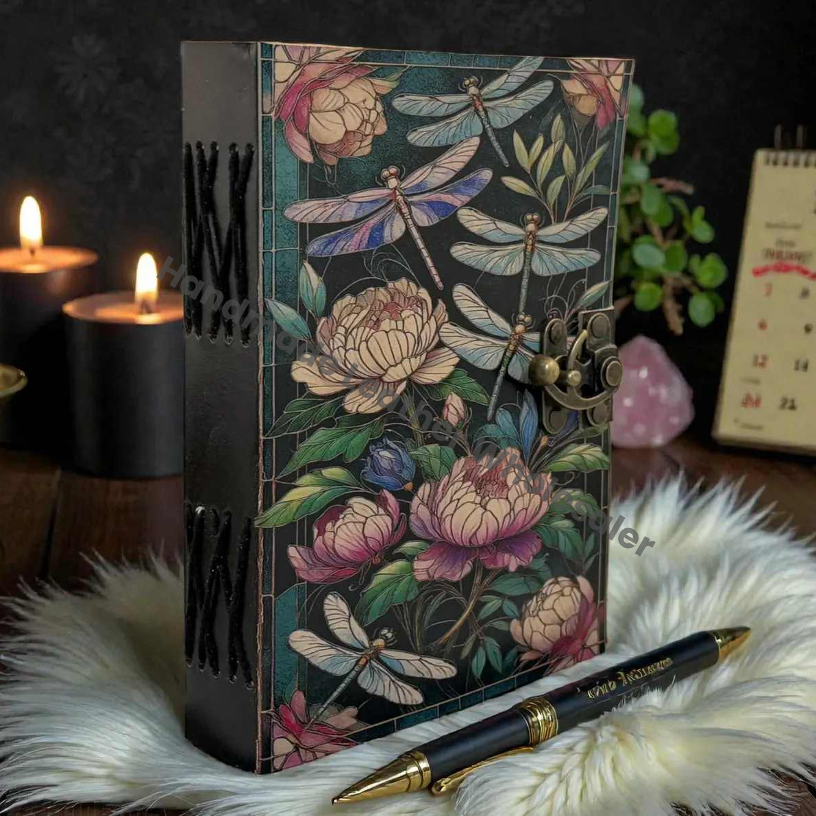 Handmade Floral Luna Moth Leather Celestial journal - VIntage Blank Spell Book of Shadows - Antique Closure