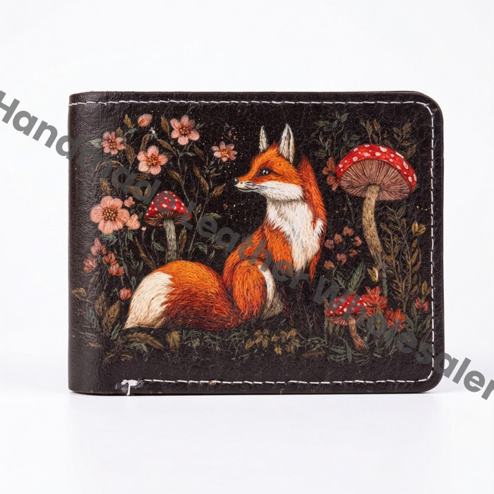 Handmade Fox & Mushroom Design Leather Wallet