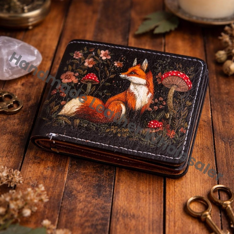 Handmade Fox & Mushroom Design Leather Wallet