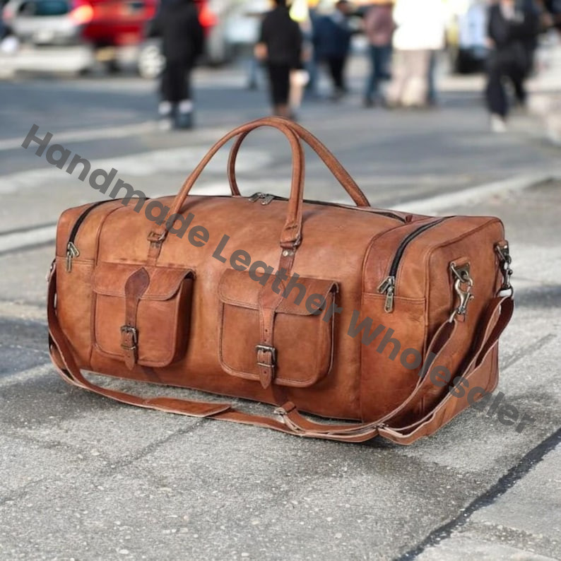 Handmade Full Grain Leather Duffle Bag: Personalized Weekender Travel Bag