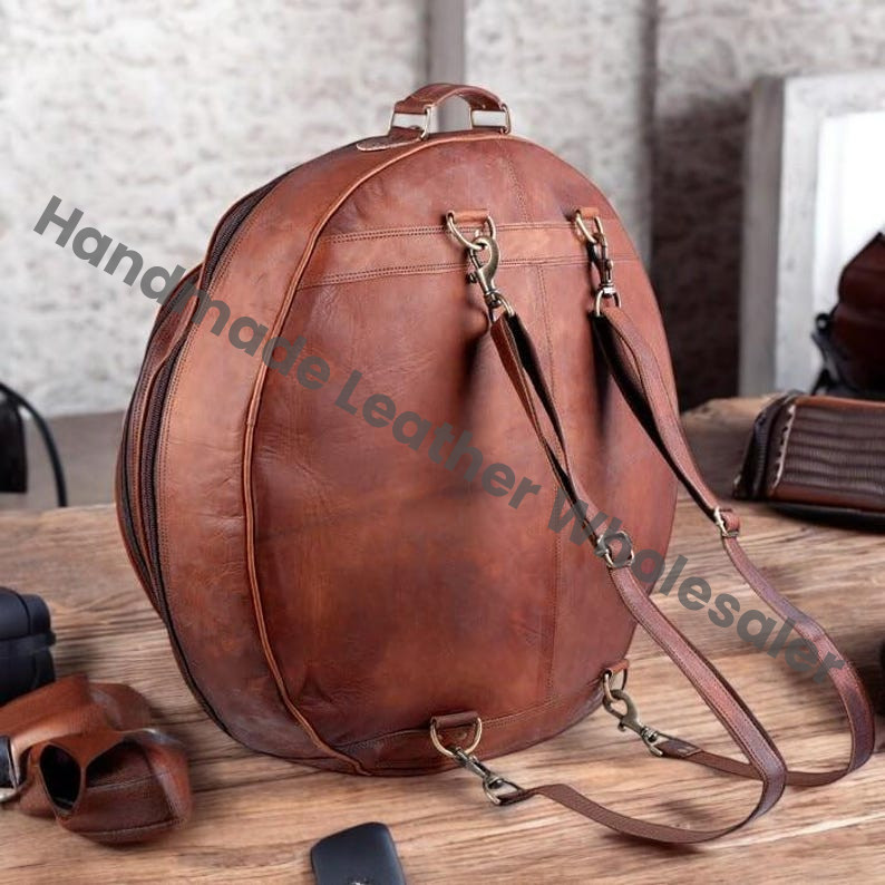 Handmade Genuine Leather Drum Case Bag | Premium Round Leather Drum Bag with Front Pocket Professional Vintage Brown Leather Percussion Bag.