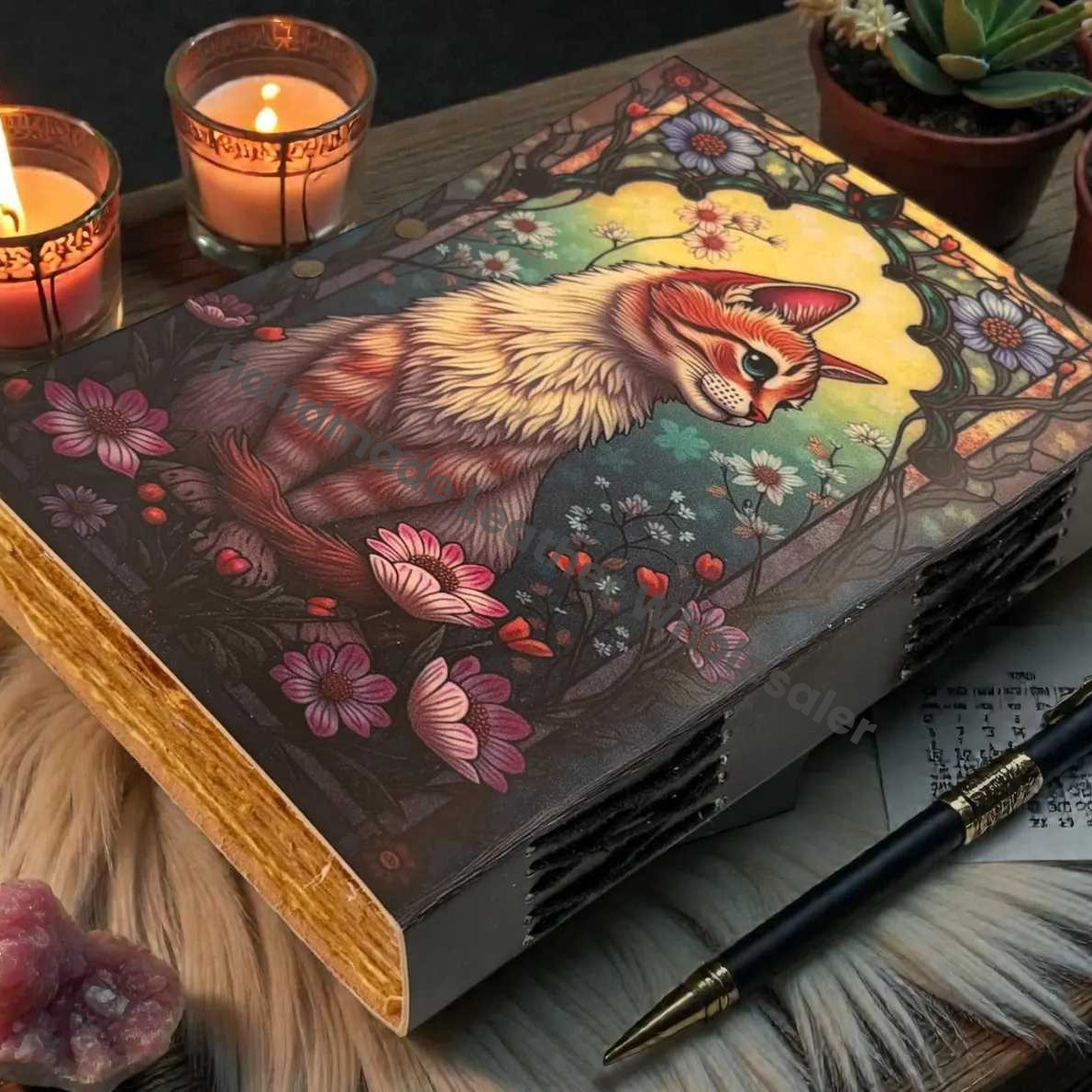 Handmade Gothic Magic Cat Leather Grimoire journal | Witchcraft Pagan Diary | Wiccan Blank Spell Book