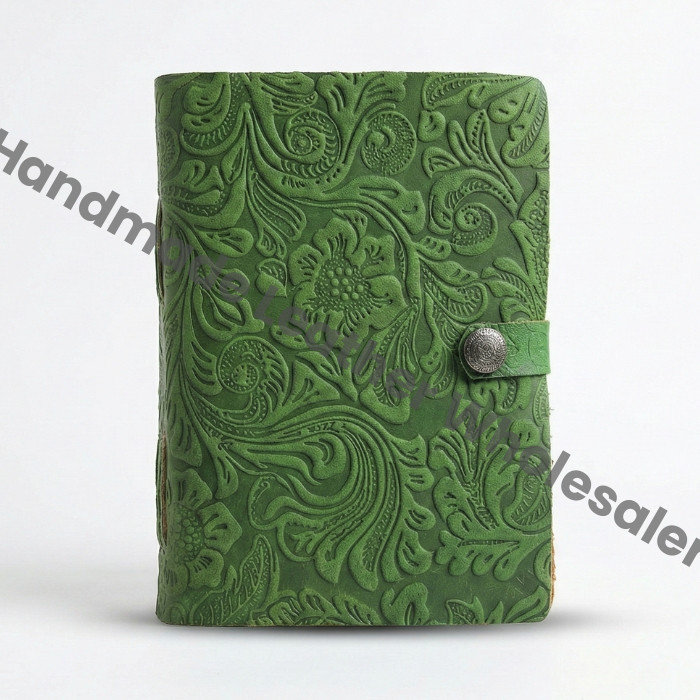 Handmade Green Leather Journal – Embossed Flower Grimoire, Deckle Edge Paper, Vintage Book of Shadows, Wiccan Pagan Gothic Gift