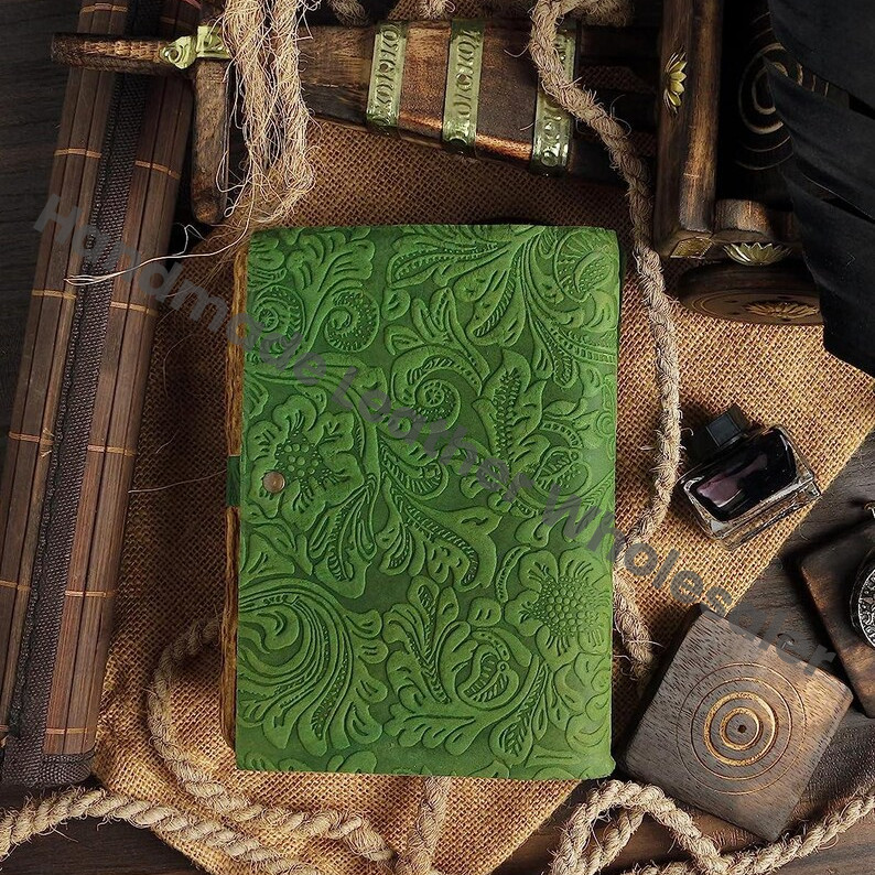 Handmade Green Leather Journal – Embossed Flower Grimoire, Deckle Edge Paper, Vintage Book of Shadows, Wiccan Pagan Gothic Gift
